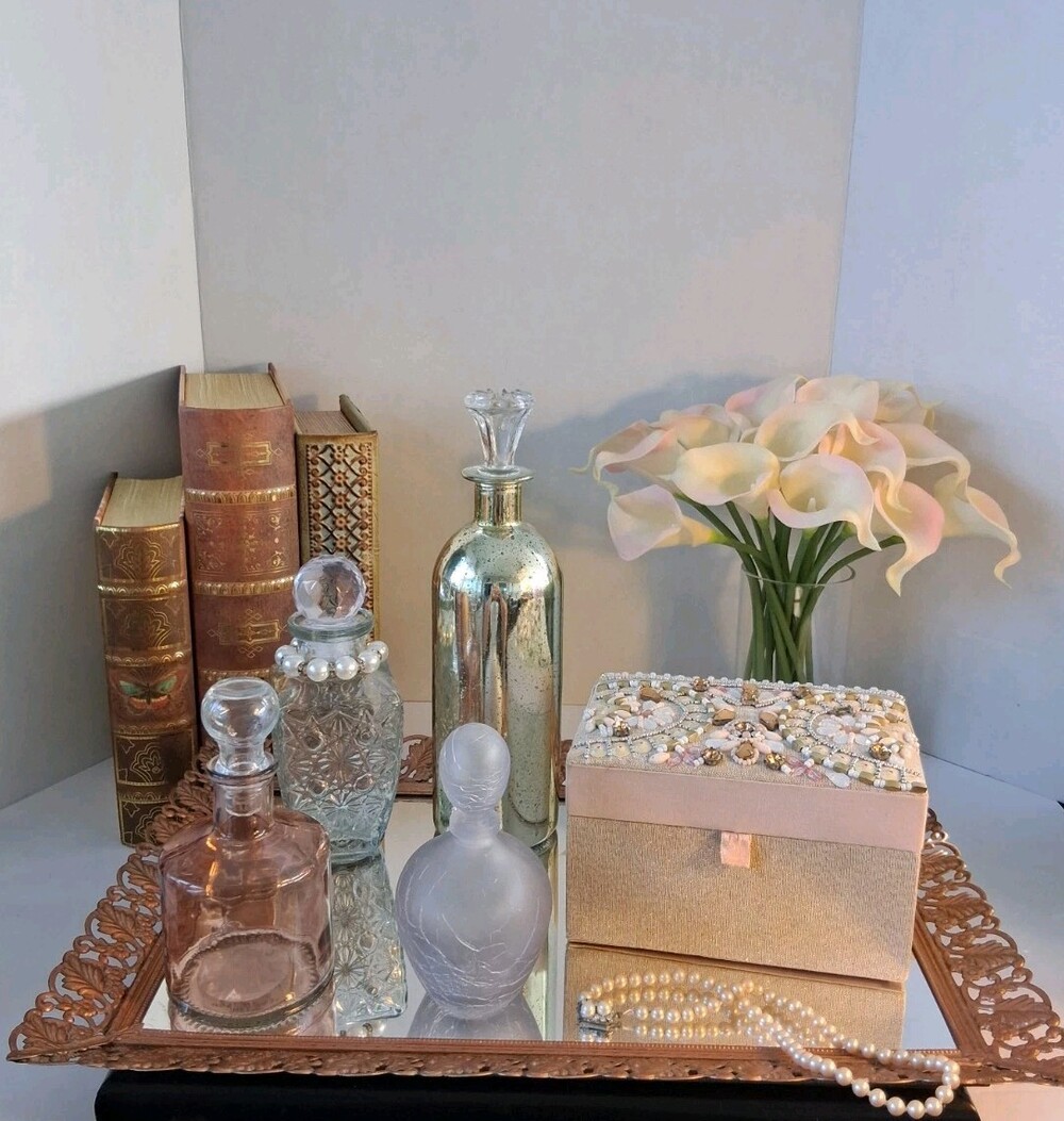 VTG MCM Rose Gold Mirror Vanity Tray & 4 Glass Bottle Set